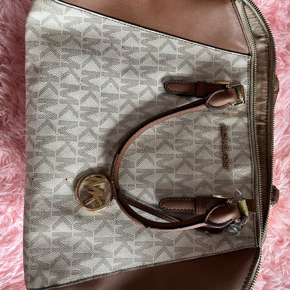 Michael Kors Cream and Brown Logo Tote with Gold Hardware